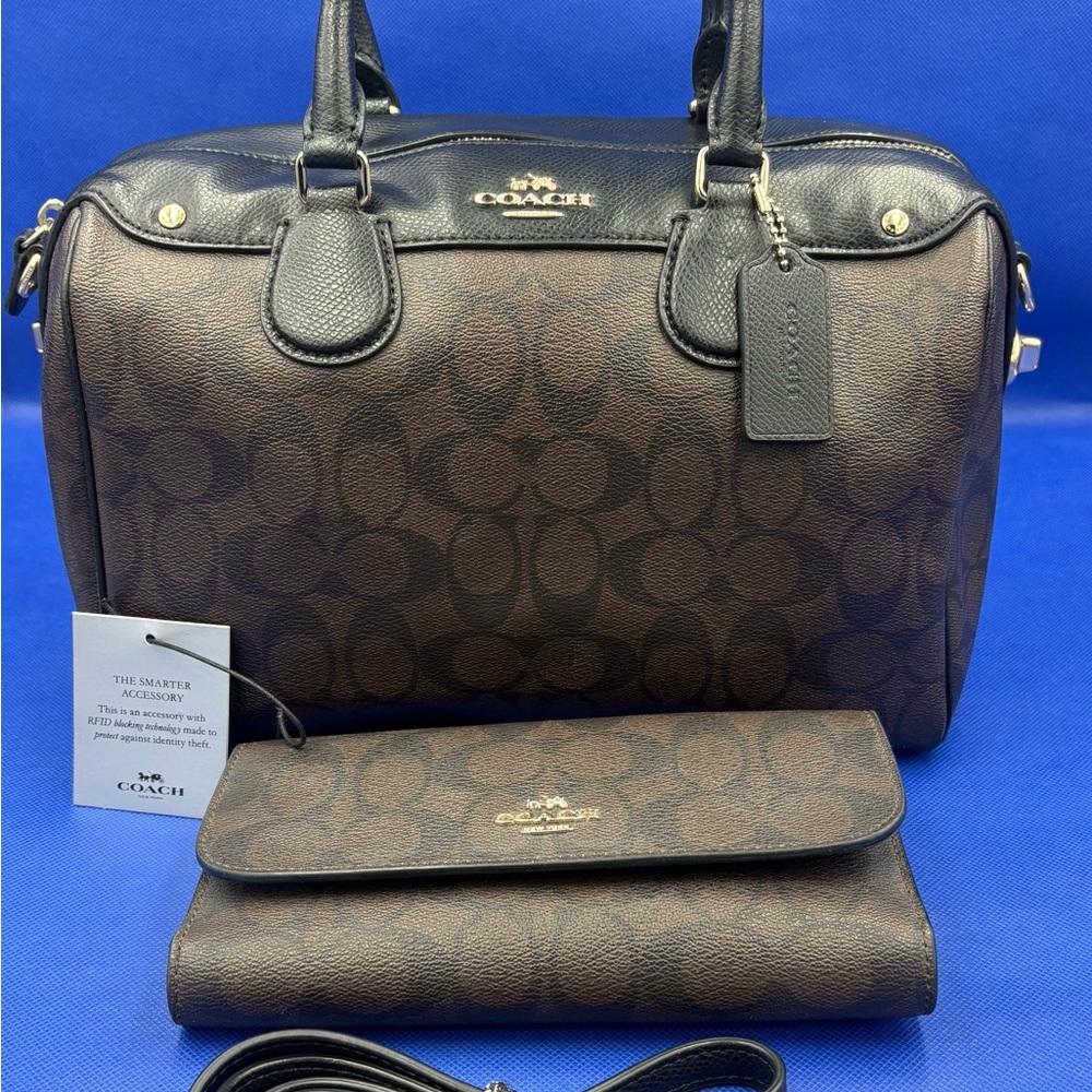 Coach Mini Bennett Satchel Brown Black Leather & Coach Signature Wallet